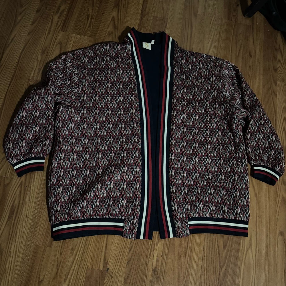 S by Serena Geometric‎ Red Black Patterned Open Cardigan Sweater Retro Preppy